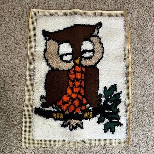 Vintage 70s Sleeping Owl Latch Hook Rug Wall Hanging